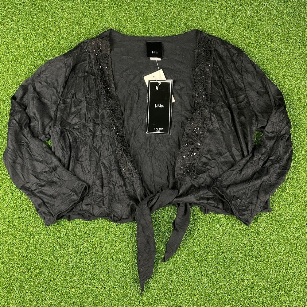 Vintage Y2K JTB NWT Black Crinkle Textured Beaded 1/2 Sleeve Shrug Sz M